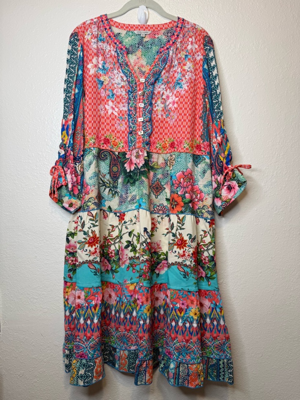 John Mark Multicolor Floral Patchwork Midi Dress Pockets Scrunch Sleeves Size M